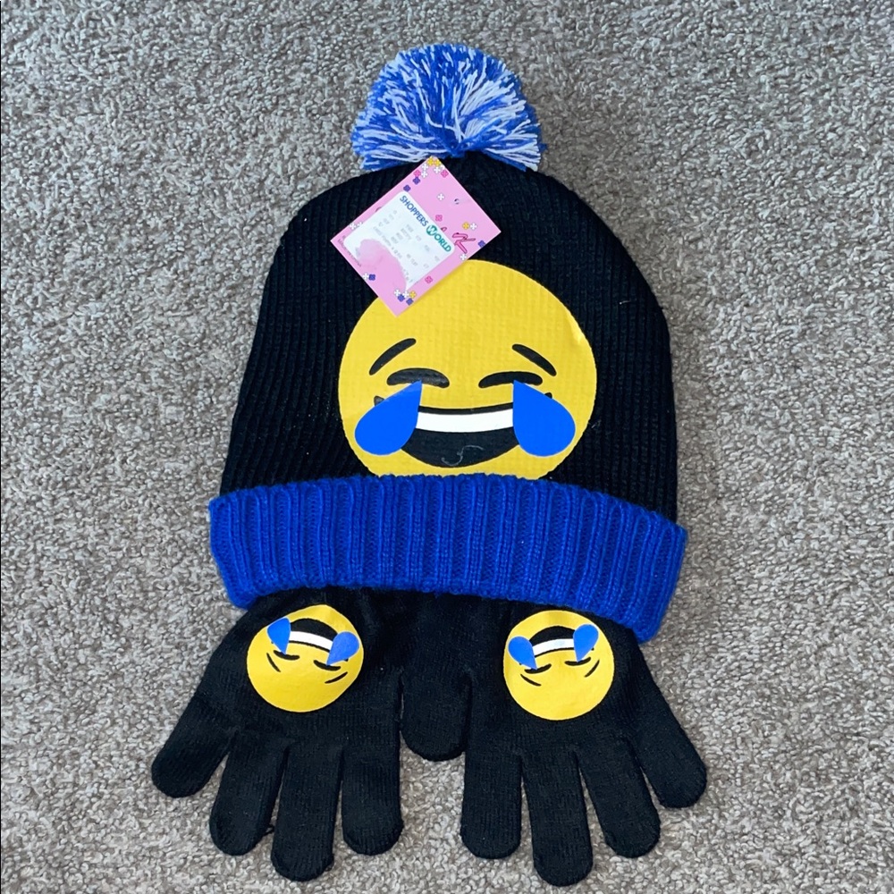 Emoji Kids Winter Hat and Gloves Set - Black and Blue